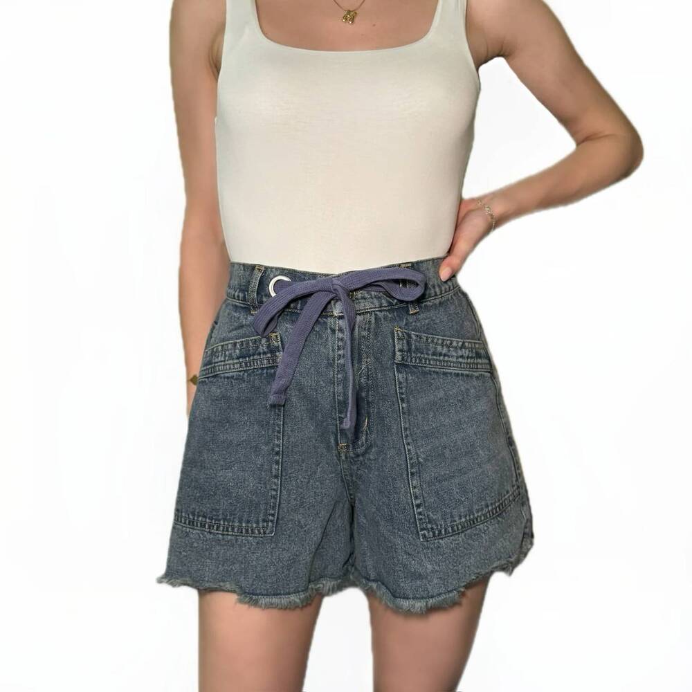 NEW MUSTARD SEED women's tied front raw edge denim shorts in blue